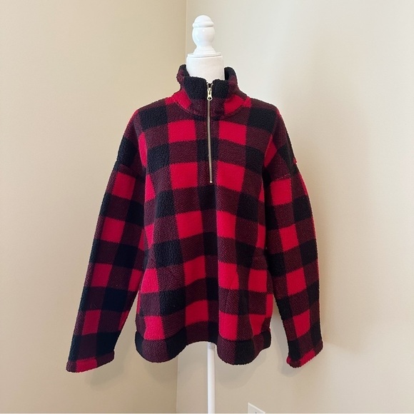 Old Navy Sherpa Buffalo Plaid Red Black 1/4 Zip Pullover NWT - XL - Picture 1 of 12